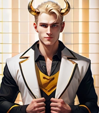 Prompt: a male handsome demon with golden horns on head and blonde hair short hair in white shirt with gentle smile
