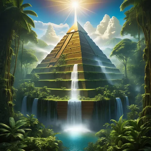 Prompt: Depiction of a surreal, breathtaking landscape featuring a large, golden Aztec pyramid surrounded by lush, vibrant green jungle. The pyramid is perched in the dense jungle, contrasting beautifully with the deep azure sky and thin clouds hovering below. A cascading waterfall flows dramatically in an ethereal mist in front of the pyramid, creating a sense of timelessness and harmony. The scene is illuminated by soft natural light that enhances the hyper realistic details of textures, colors and reflections. Ultra-HD, cinematic, vivid, with intricate detail and depth, 16 x9 size

