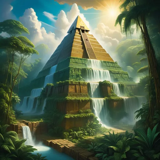 Prompt: Depiction of a surreal, breathtaking landscape featuring a large, golden Aztec pyramid surrounded by lush, vibrant green jungle. The pyramid is perched in the dense jungle, contrasting beautifully with the deep azure sky and thin clouds hovering below. A cascading waterfall flows dramatically in an ethereal mist in front of the pyramid, creating a sense of timelessness and harmony. The scene is illuminated by soft natural light that enhances the hyper realistic details of textures, colors and reflections. Ultra-HD, cinematic, vivid, with intricate detail and depth, 16 x9 size

