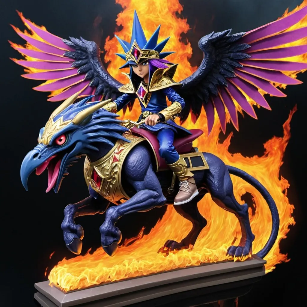 Prompt: Dark Magician from Yu-Gi-Oh riding on a griffin made of fire