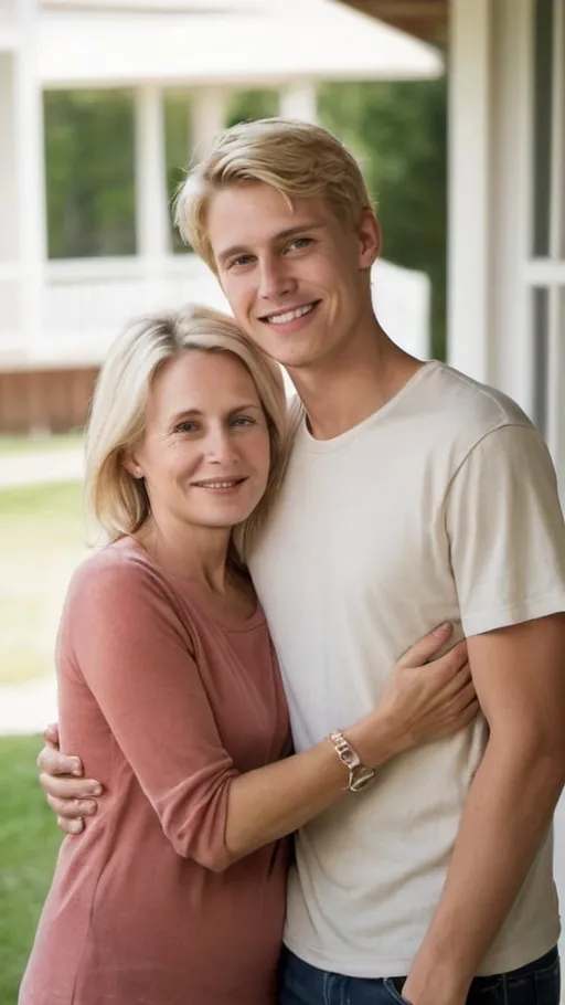 Prompt: {
"prompt": "A photo of a 40-year-old blonde mother and her 22-year-old son embracing each other warmly. The mother has gentle features, a kind smile, and blonde hair styled elegantly. The son has a youthful appearance with short hair and a casual outfit. Both appear happy and content, conveying a strong bond between them. The setting is outdoors, in a pleasant environment with soft, natural lighting. The focus is on the mother and son, highlighting their close and loving relationship."
}