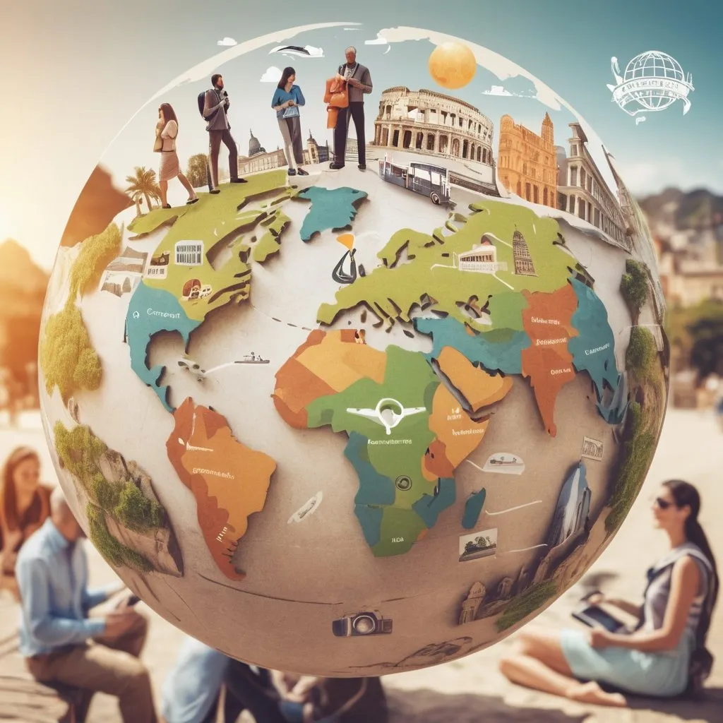 Prompt: [Graphic: Image of a globe with travel destinations highlighted, a camera symbolizing photography, a group of people engaged in a guided touristic tour,and icons representing coaching, ,business,and wellness. with a woman and a man and people]