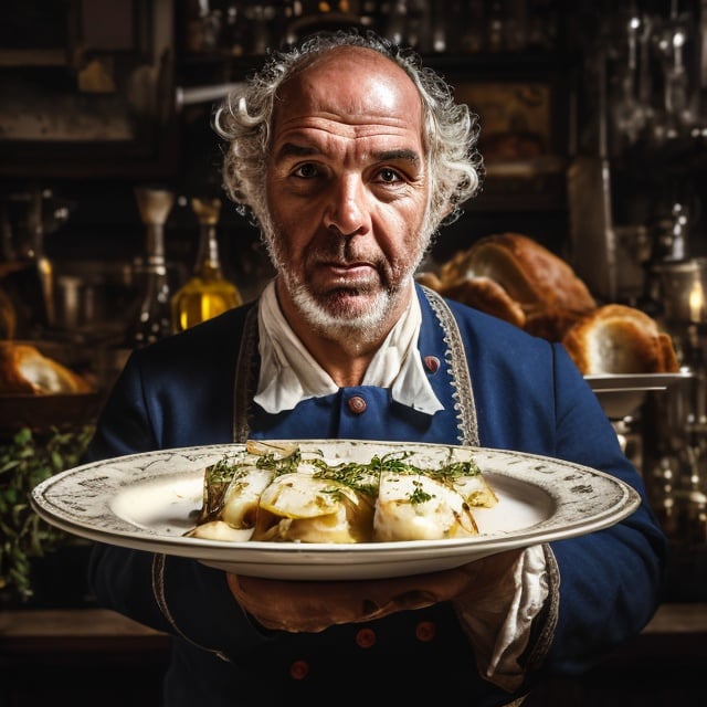 Prompt: Realistic photo of a cook holding a plate of Bacalhau à Brás, 19th-century Lisbon setting, vintage photography style, detailed chef attire, traditional Portuguese cuisine, atmospheric natural lighting, high quality, realistic, vintage photography, detailed cuisine, 19th-century, Lisbon, traditional attire, professional, atmospheric lighting