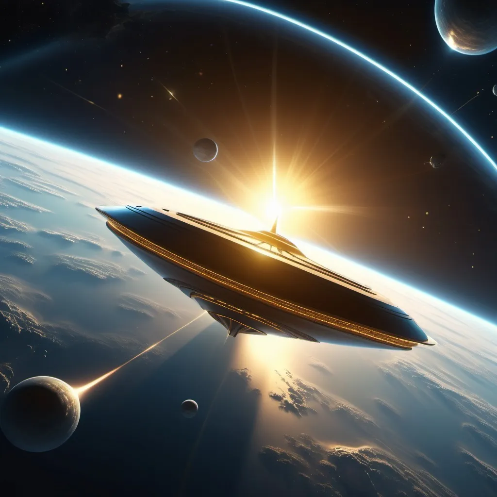 Prompt: (enormous starship arriving to Earth, inside view), (warm tones), high depth cinematic masterpiece, bright golden light flooding in through the windows, creating an inviting ambiance, soft glowing surfaces highlighting intricate controls and displays, vast blue Earth visible against dark space, (atmosphere of aw