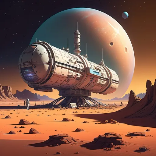 Prompt: An old and forgotten space station stranded on a nightly desert planet, whole picture in the style of moebius 