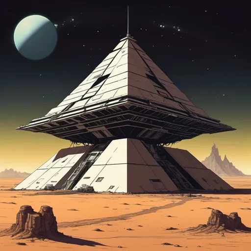 Prompt: An old and forgotten space station, looking like an alien pyramid shape, stranded on a nightly desert planet, whole picture in the style of moebius 