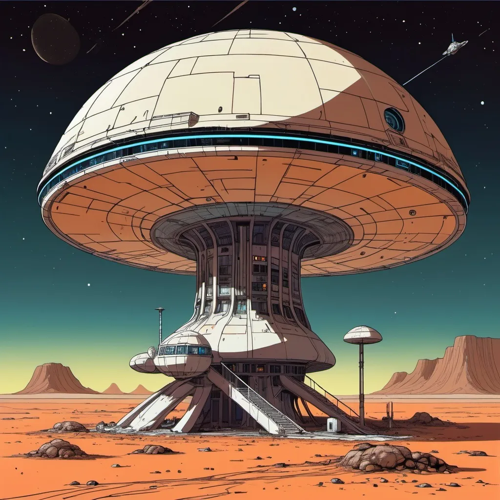 Prompt: An old and forgotten space station, looking like a mushroom shape, stranded on a nightly desert planet, whole picture in the style of moebius 