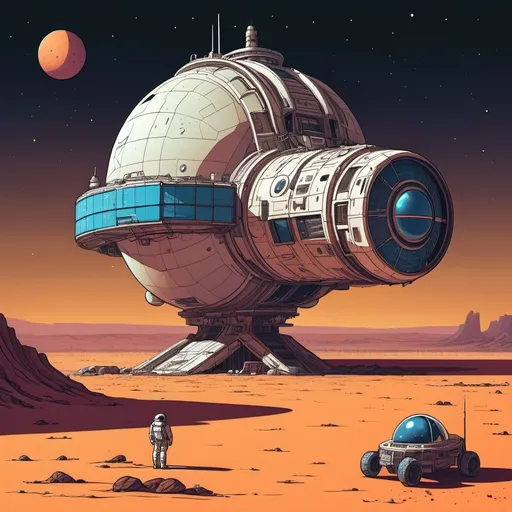 Prompt: An old and forgotten space station stranded on a nightly desert planet, whole picture in the style of moebius 