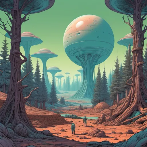 Prompt: Alien planet forest in the style of moebius