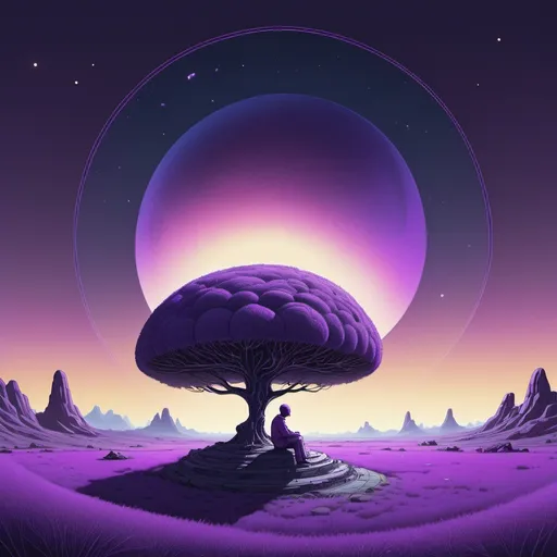 Prompt: A man sitting on purple grass thinking about his lonesome life under a round shaped tree in front of a globe shaped little spaceship with a diameter of about 5-10 meters under a glooming night sky on an alien looking planet in an natural environment. All in the melancholic art style of moebius.