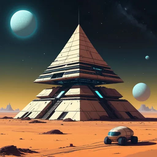 Prompt: An old and forgotten space station, looking like an alien pyramid shape, stranded on a nightly desert planet, whole picture in the style of moebius 