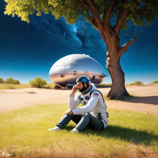 Prompt: A man sitting on grass thinking about his lonesome life under a tree, a little spaceship with a diameter of about 5-10 meters stands right behind him in the background, it is his spaceship. The man wears something like a astronaut suit without helmet and we cannot see his face. Everything under a glooming night sky on an alien looking planet in an desert environment. Warm colours, no cold colour temperature. All in the melancholic art style of the french artist moebius.