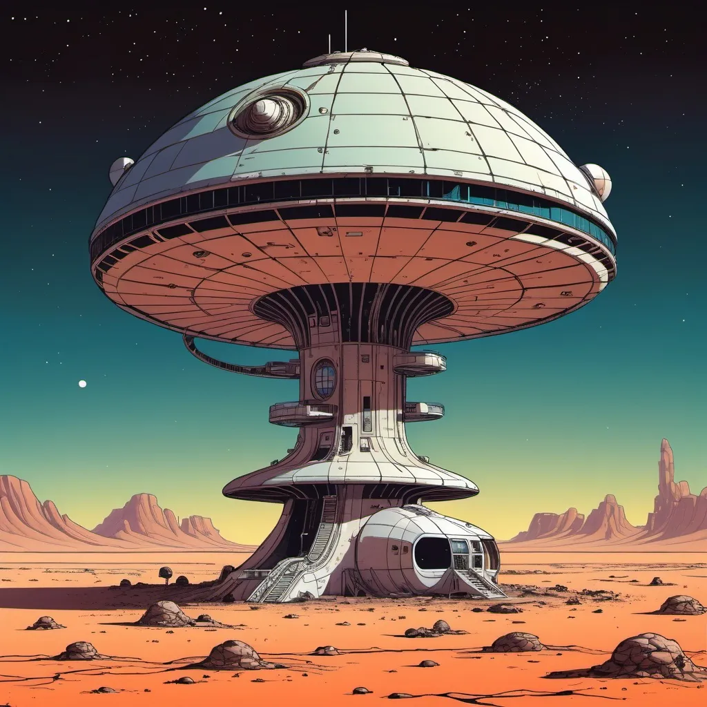 Prompt: An old and forgotten space station, looking like a mushroom shape, stranded on a nightly desert planet, whole picture in the style of moebius 