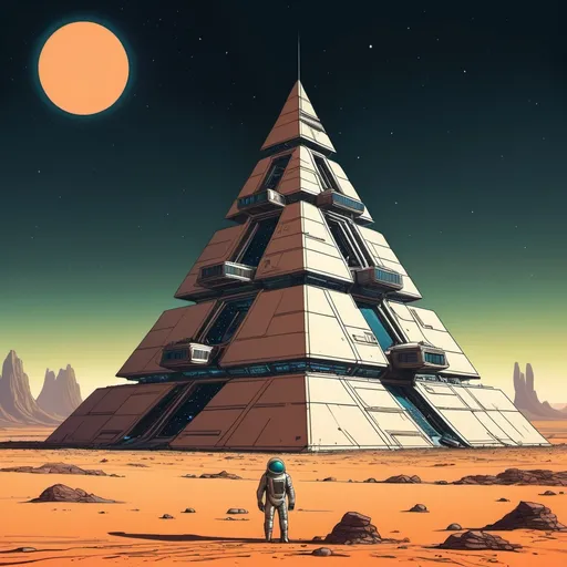Prompt: An old and forgotten space station, looking like an alien pyramid shape, stranded on a nightly desert planet, whole picture in the style of moebius 