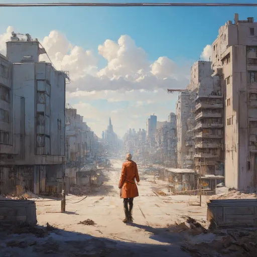 Prompt: Loneliness in an endzeit city inspired by the arts of moebius