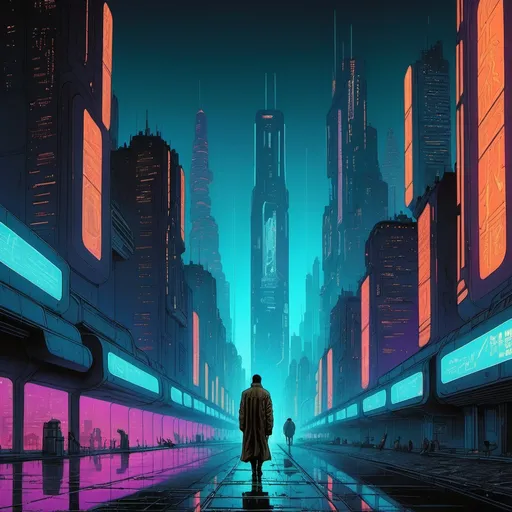 Prompt: A man walking in futuristic city, in the night. Neon ads like in blade runner. An atmosphere of loneliness and melancholia. All in the art style of moebius. No other persons in the picture, sky rising tall and futuristic skyscrapers.