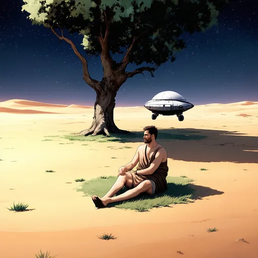 Prompt: A man sitting on grass thinking about his lonesome life under a tree, a little spaceship with a diameter of about 5-10 meters stands right behind him in the background, it is his spaceship. The man wears something like a roman toga Everything under a glooming night sky on an alien looking planet in an desert environment. Warm colours, no cold colour temperature. All in the melancholic art style of the french artist moebius.