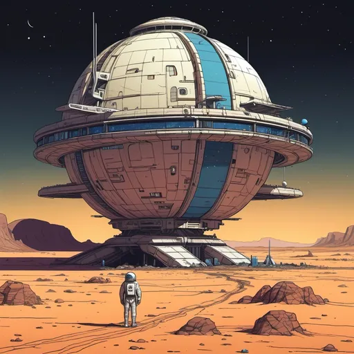 Prompt: An old and forgotten space station stranded on a nightly desert planet, whole picture in the style of moebius 