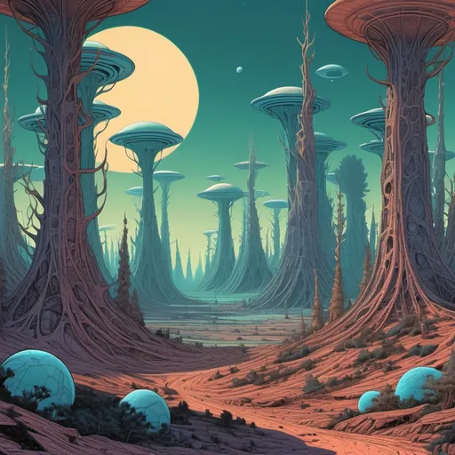 Prompt: Alien planet forest in the style of moebius