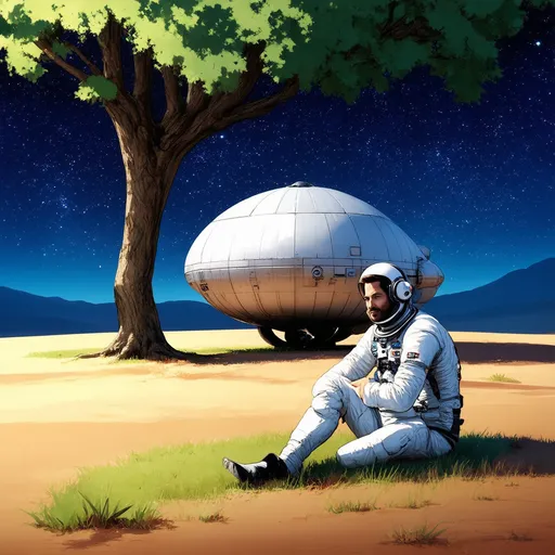 Prompt: A man sitting on grass thinking about his lonesome life under a tree, a little spaceship with a diameter of about 5-10 meters stands right behind him in the background, it is his spaceship. The man wears something like a astronaut suit without helmet and we cannot see his face. Everything under a glooming night sky on an alien looking planet in an desert environment. Warm colours, no cold colour temperature. Inspired by the style of moebius.
