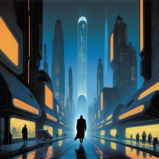 Prompt: A man walking in futuristic city, in the night. Neon ads like in blade runner. An atmosphere of loneliness and melancholia. All in the art style of Ralph mcquarrie or moebius. No other persons in the picture, sky rising tall and futuristic skyscrapers.