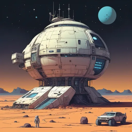 Prompt: An old and forgotten space station stranded on a nightly desert planet, whole picture in the style of moebius 