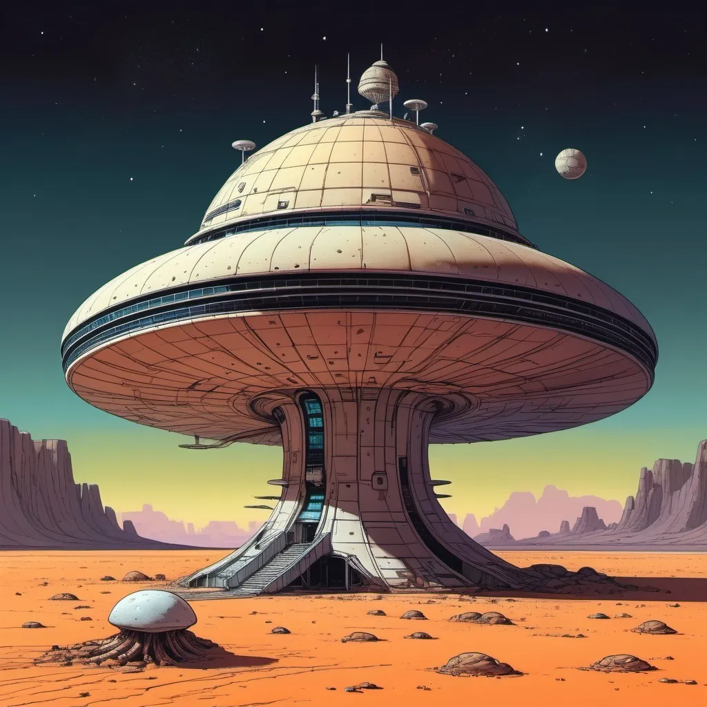 Prompt: An old and forgotten space station, looking like a mushroom shape, stranded on a nightly desert planet, whole picture in the style of moebius 