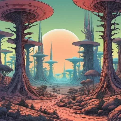 Prompt: Alien planet forest in the style of moebius
