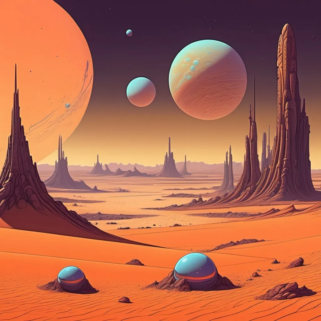 Prompt: Alien planet desert in the style of moebius