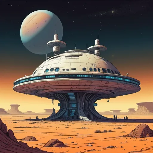 Prompt: An old and forgotten space station, looking like a mushroom shape, stranded on a nightly desert planet, whole picture in the style of moebius 