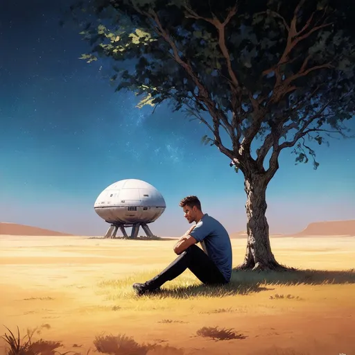 Prompt: A man sitting on grass thinking about his lonesome life under a tree, a little spaceship with a diameter of about 5-10 meters stands right behind him in the background, it is his spaceship. Everything under a glooming night sky on an alien looking planet in an desert environment. Warm colours, no cold colour temperature. All in the melancholic art style of the french artist moebius.