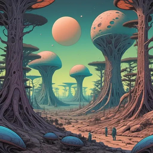 Prompt: Alien planet forest in the style of moebius