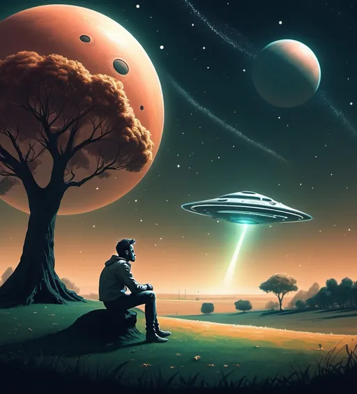 Prompt: A man sitting on grass thinking about his lonesome life under a tree, a little spaceship with a diameter of about 5-10 meters stands right behind him in the background, it is his spaceship. Everything under a glooming night sky on an alien looking planet in an natural environment. Warm colours, no cold colour temperature. All in the melancholic art style of moebius.