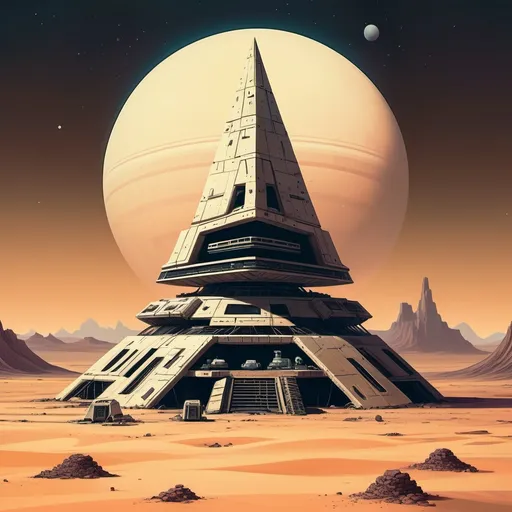 Prompt: An old and forgotten space station, looking like an alien pyramid shape, stranded on a nightly desert planet, whole picture in the style of moebius 
