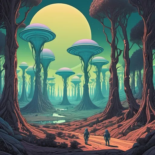 Prompt: Alien planet forest in the style of moebius