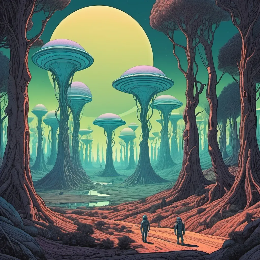 Alien planet forest in the style of moebius