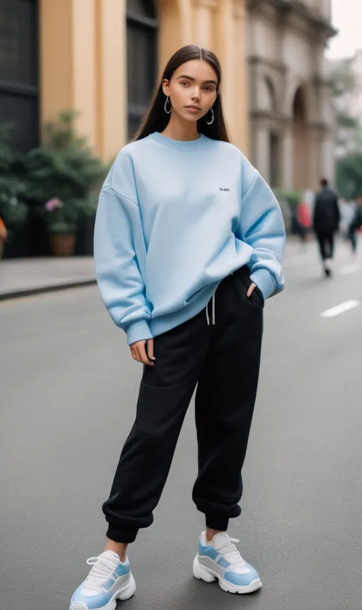 Prompt: A female Gen Z fashion model named Mimi, with a charming and cute vibe, wearing an oversized pastel blue sweatshirt paired with black joggers and white chunky sneakers. Her relaxed yet stylish look is accessorized with a backpack and hoop earrings, perfect for a laid-back day in the city. The full-body image captures her standing in front of the iconic Truong Tien Bridge in Huế, with the peaceful river in the background. Image size: 1080x1920."