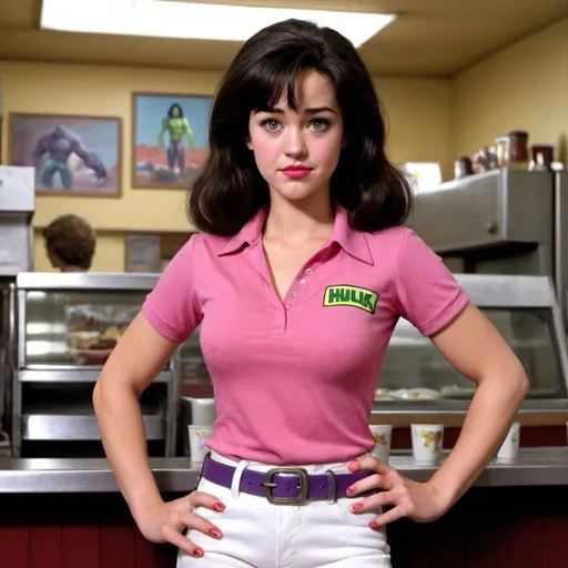 Prompt: Rita, the supporting character from the 1982 Incredible Hulk cartoon who was the girlfriend of Rick Jones on Earth-8107. She works as a waitress at Rio's Ranchero, a New Mexico diner/gas station situated near Gamma Base that is owned by her father, Rio, and replaces him when he is absent, what if she had been the cutie teenage comic relief but being an important female who seems to be more of a "damsel-in-distress" than Betty who seems to be the one getting kidnapped all the time, the beautiful plucky high school student Rita whose charm is not only that of beauty but of loveliness as whose wearing her lipstick, her hot pink polo shirt, her white jeans with purple belt around and in a future Incredible Hulk sequel starring Edward Norton, her eye irises were brown and her hair is black.