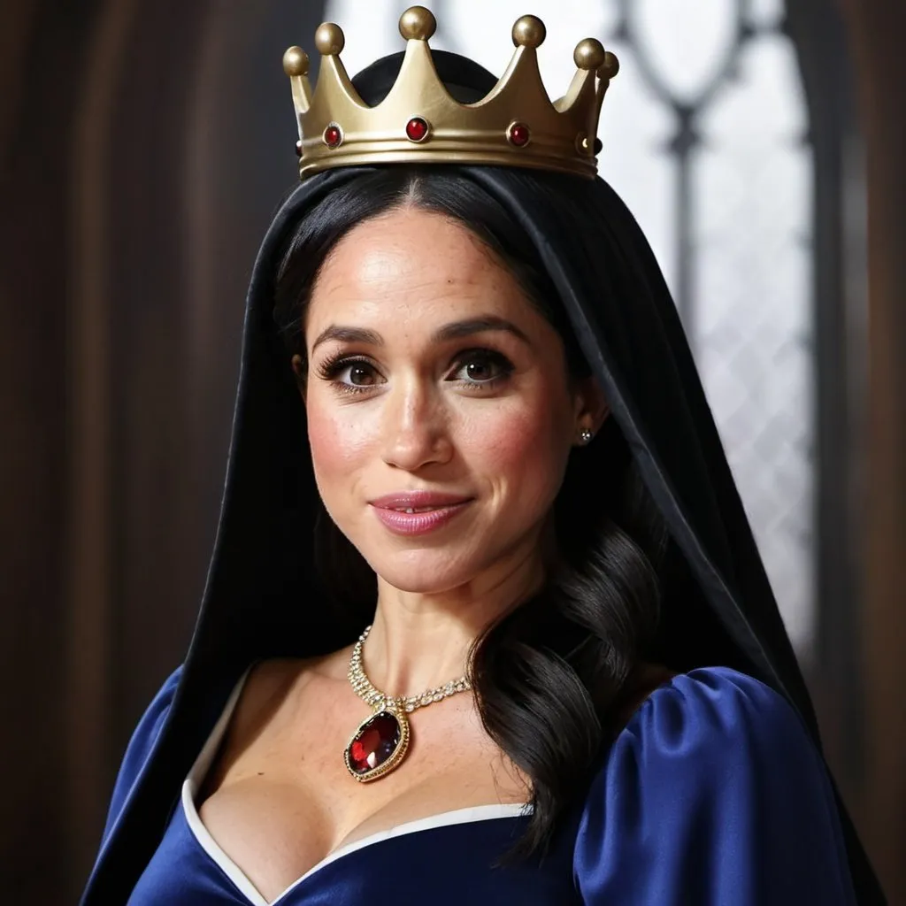 Prompt: Meghan Markle as the evil queen from Disney's live-action Snow White and the Three Stooges.