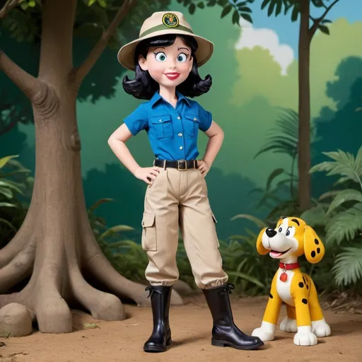 Prompt: Lucy van Pelt is wearing her vintage safari jungle explorer style outfit, pith helmet, dark blue polo shirt, riding breech pants and pretty large boots as she's the zany, goofy and wacky pre-teen recruit whose charm is not only that of beauty but of force, loveliness and intelligence.