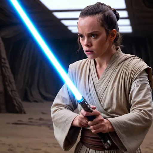 Prompt: Luke Skywalker about to strike Rey with his lightsaber in fury once he find out she's Emperor Palpatine's daughter who begs him for forgiveness.