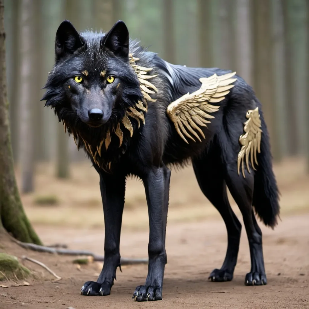 Prompt: A six-legged wolf black gold eyes wings 