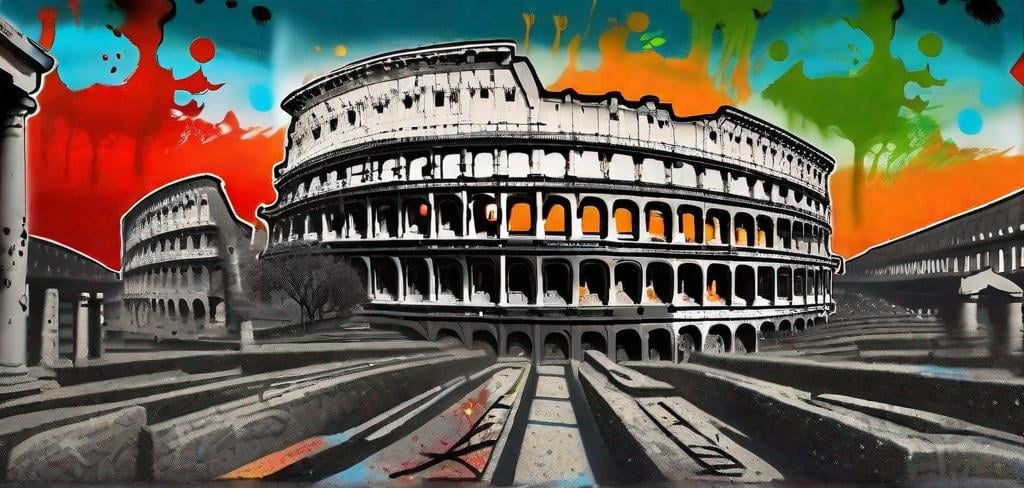 Prompt: Graffiti, splatter paint style of he ancient city  Rome, with red, orange, gray, blue, green gradients. Dots of black, war continues viscerally, the only words of hopes ring out as: SI VIS PACEUM, PARA BELLUM!