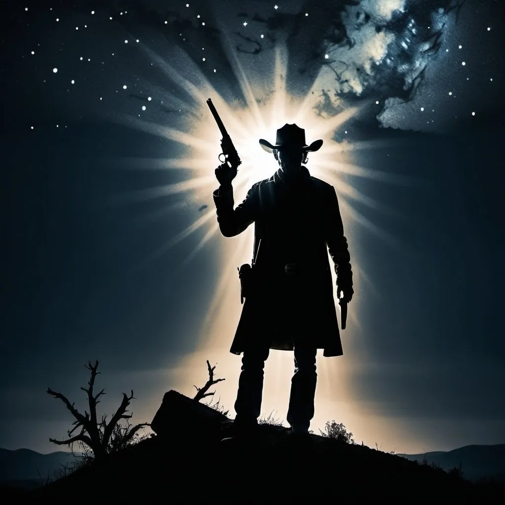 Prompt: Backlit photo of a rotted cowboy holding his revolver up high after clawing out of his grave on a hill. Silhouette, dramatic, artistic, shadowy, back ground is Van Goghs famous Starry night painting