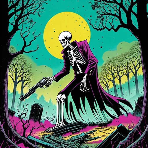 Prompt: detailed, dark colors, dramatic, graphic novel illustration,  2d shaded retro comic book, combined with Graffiti, splatter painting of biblically accurate demon fusing into a skeleton, magenta and cyan gradient background, small black dots creeping whites and yellows, grave yard, lush forestry rich light and dark greens, tree canopy, light shining down, disturbed soil, cowboys shoot at monstrosity with revolvers and rifles 