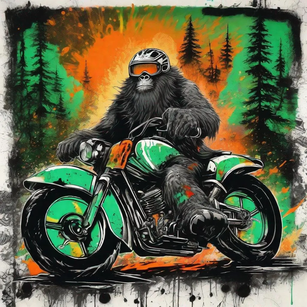 Prompt: Graffiti, splatter painting combined with Vintage clipart drawing of big foot riding a motorcycle with flame paint job wearing a dark futuristic visor, black and white, ink drawing, wearing loose motorcycle helmet with spikes. Green and orange gradient, small black dots, creeping blues, reds and streaks of white. Forest setting 