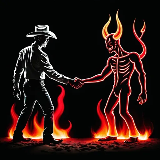 Prompt: Devil shaking hands with a sinner shaped light painting black backdrop, elegant line design, the word: SIN repeats in red as background. Shadowy, Flames, greens dessert sands night, stary night, cactus cowboy attire