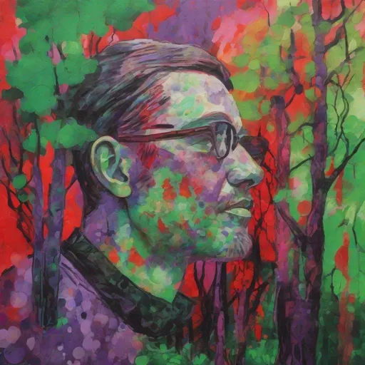 Prompt: Portrait of lambda incarnate, fauvism, bright colors, expressive brushstrokes, backdrop posh greens reds and purples with dots of black ink sprinkled in. Lush forestry