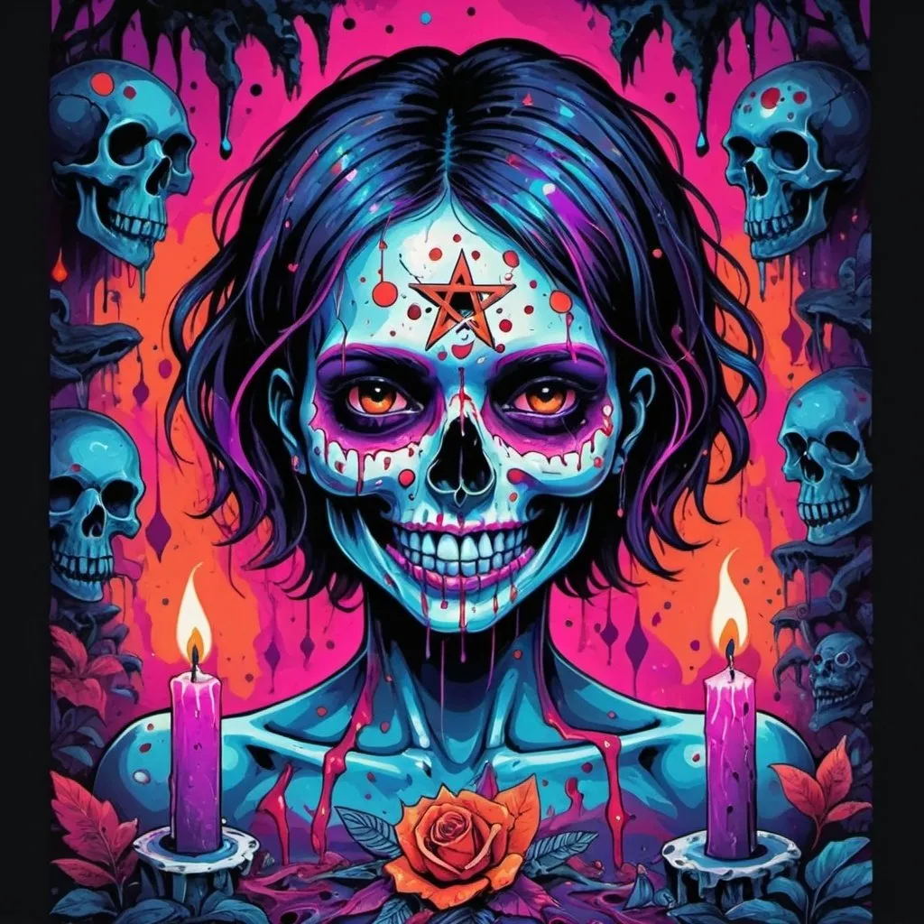 Prompt: psychedelic print skull, jungle, melting, concert poster, trick of the eye painting, combined with Cute doodle, 1girl, human heart, smile,  short hair, pentagrams, blood, summoned demonic creature with exposed guts and bone, candles, dark room, knife, blue creeping hues, black dots, magenta and orange gradient. 