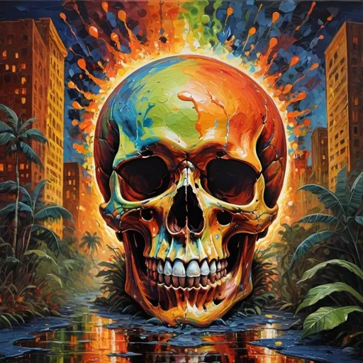 Prompt: psychedelic print skull, jungle, melting, trick of the eye painting,  combined with Stylized rough 5th avenue by night impressionistic painting with large palette-knife, rocket flying into worm hole from distance. Blues reds, browns yellows and greens, dotted with whites and and oranges 